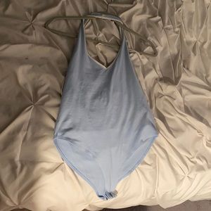 Baby Blue/White Forever 21 Halter Neck Bodysuit